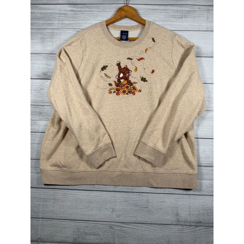 Basic Editions Womens 2X Fall Cat Embroidered Beige Autumn Sweatshirt 4070